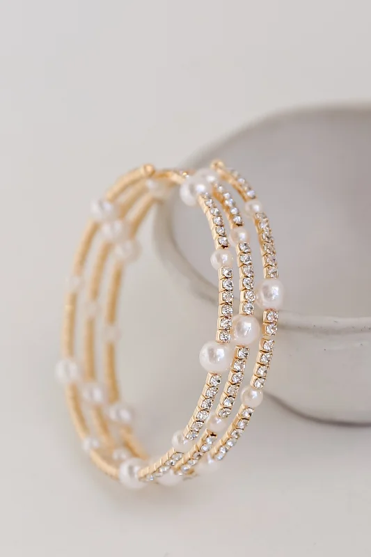 FINAL SALE - Claire Gold Pearl + Rhinestone Bracelet Set