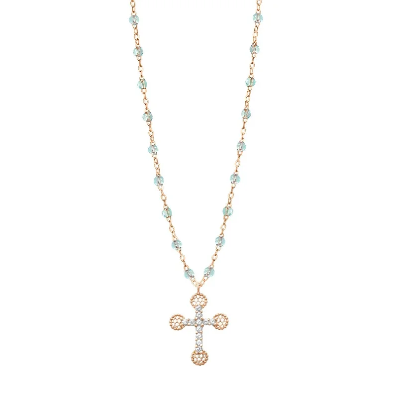 16.5" Classic Petite Lace Cross Necklace - Aqua + Yellow Gold