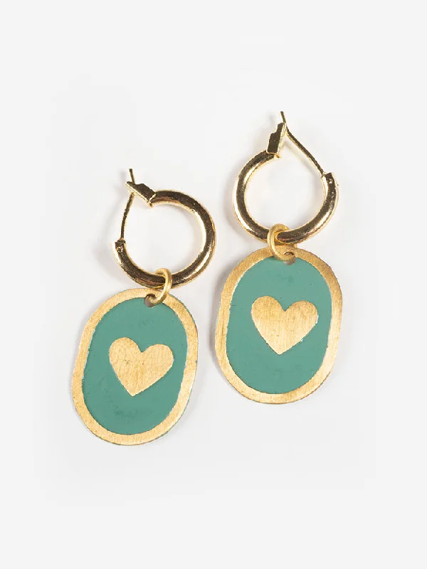 Enamel Heart Huggie Earrings - Sage