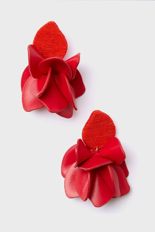 Poppy Red Silk and Leather Orchid Earrings