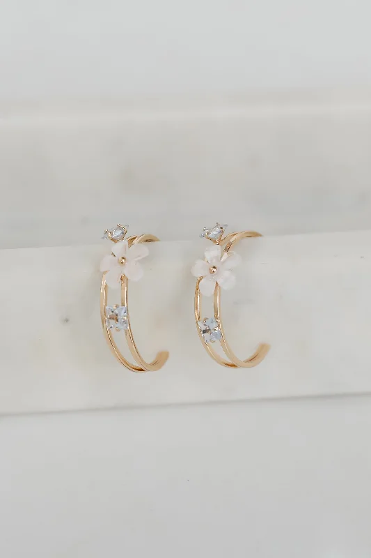 Rae Gold Flower + Rhinestone Hoop Earrings