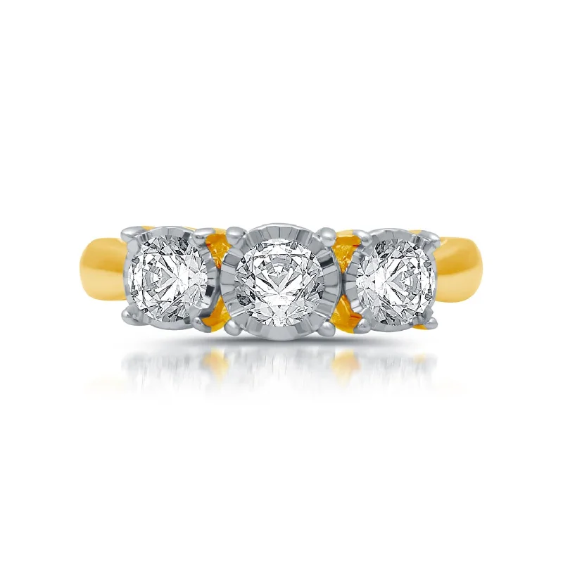 1 CTW Diamond Illusion Set Three Stone Anniversary Ring in 10KT Yellow Gold