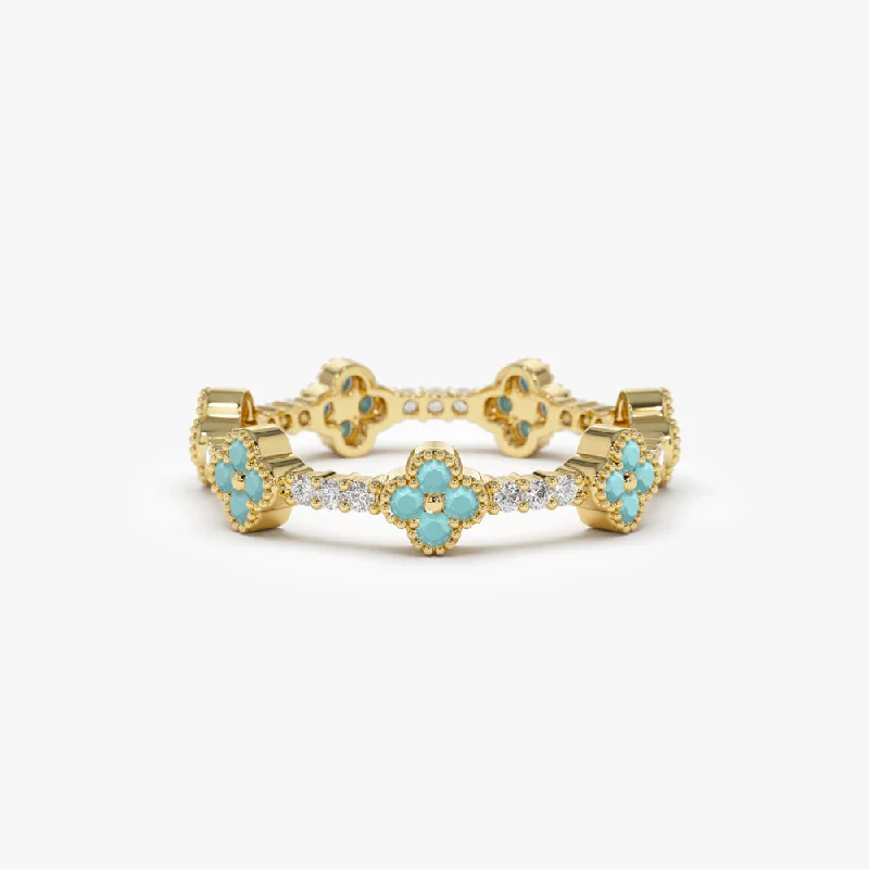 14k Full Eternity Clover Turquoise and Diamond Ring