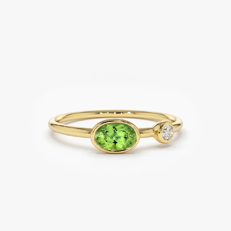 14k Gold Oval Peridot  and Diamond Ring