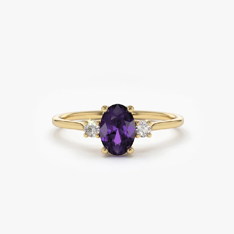 14K Gold Oval Shape Amethyst and Diamond 3 Stone Ring