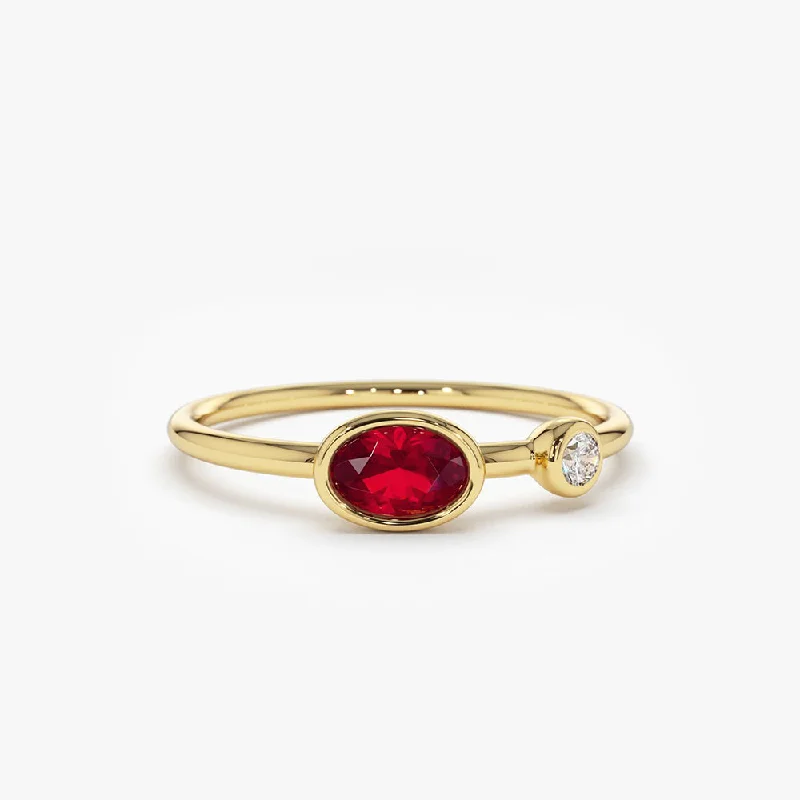 14k Oval Shape Bezel Setting Ruby and Diamond Ring