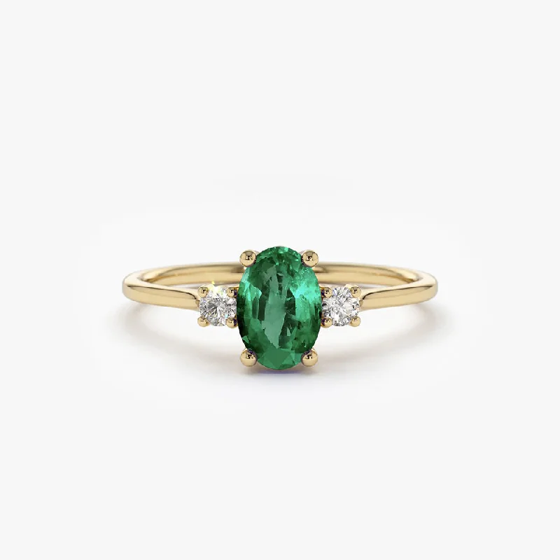 14k Oval Shape Emerald and Diamond 3 Stone Ring