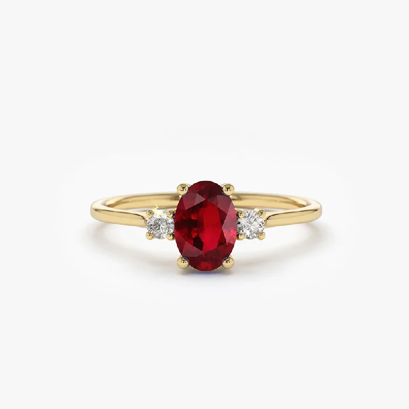 14k Oval Shape Ruby and Diamond 3 Stone Ring