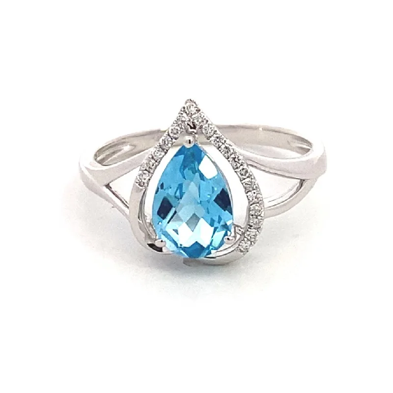 14K White Gold Blue Topaz And Round Diamonds Free Form Ring