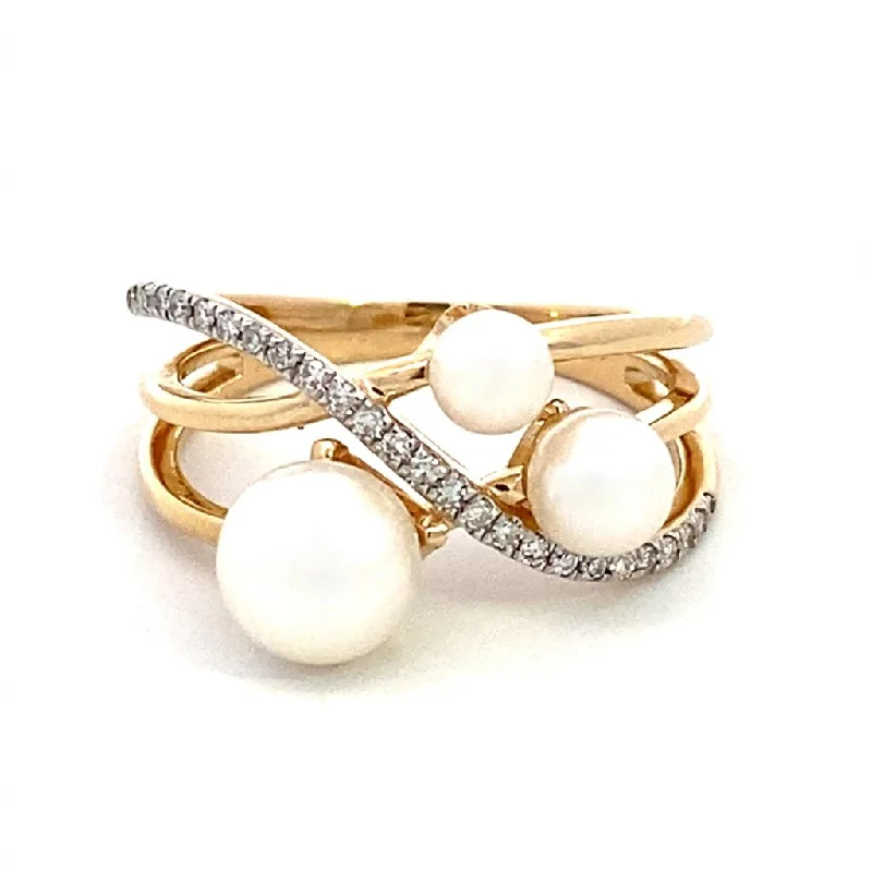 14K Yellow Gold Pearl And Diamond Twisted Ring