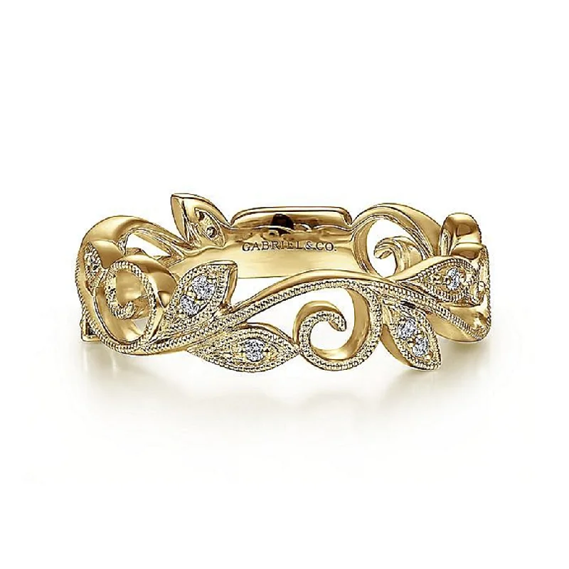 14K Yellow Gold Scrolling Floral Diamond Ring