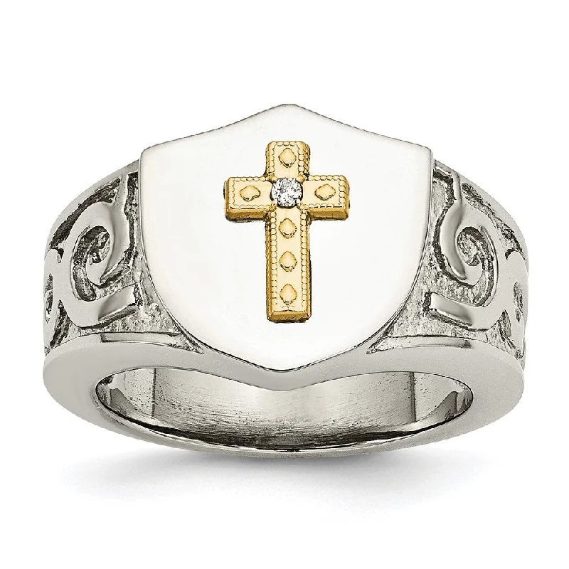 Upgrade Your Jewelry Collection For Less 14mm Stainless Steel 10KYG Plated Cross & .02ct Diamond Tapered Ring