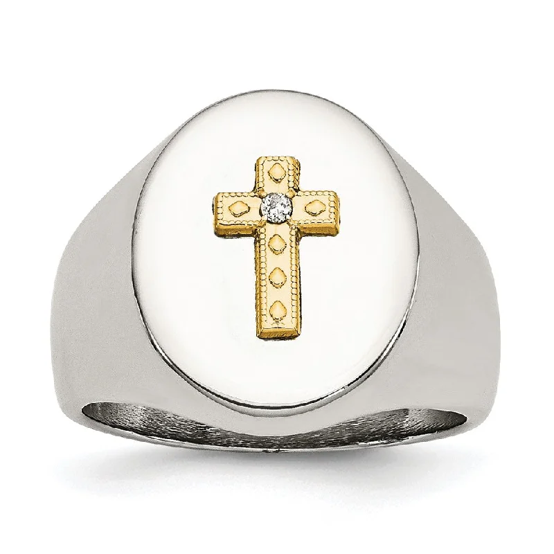 17mm Stainless Steel 10KYG Plated Cross & .02ct Diamond Tapered Ring