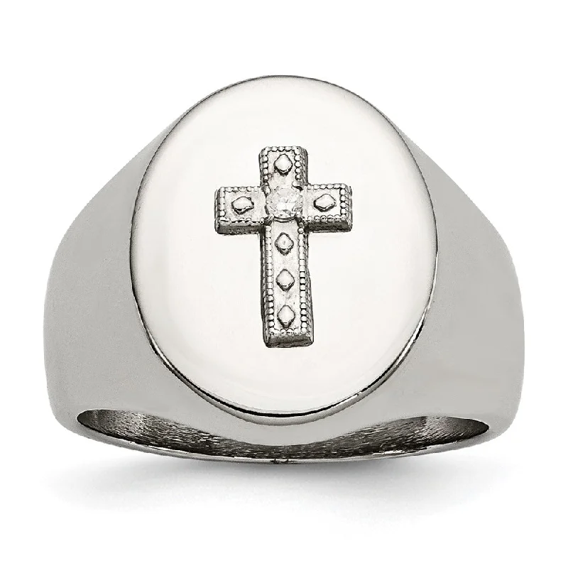 17mm Stainless Steel, Sterling Silver Cross & CZ Tapered Ring