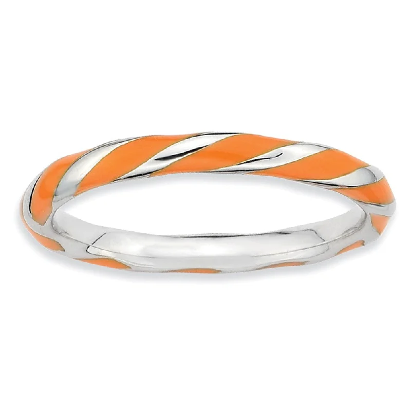 2.4mm Silver Twisted Orange Enameled Stackable Band