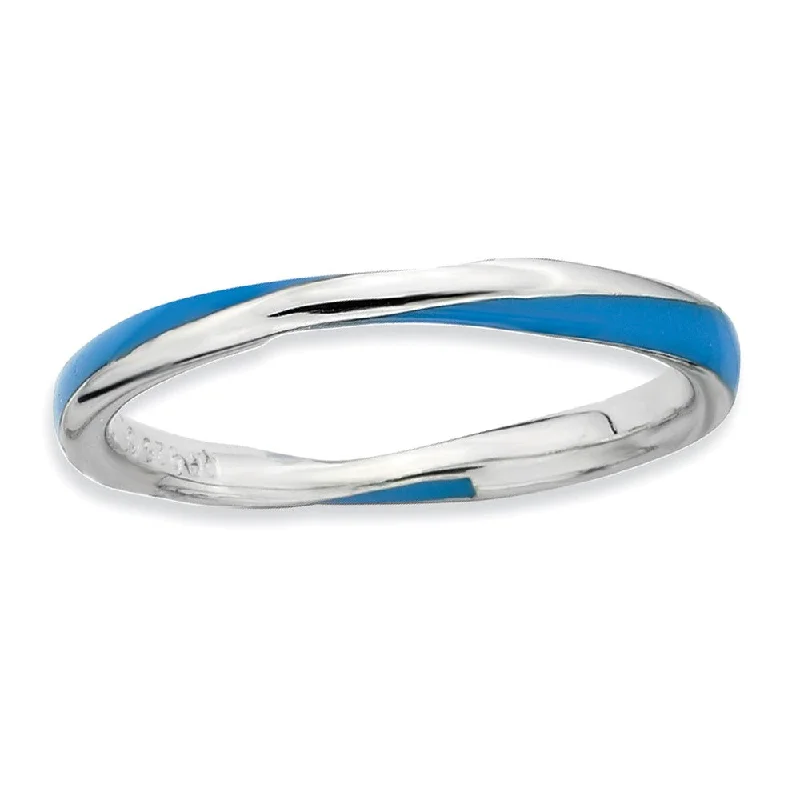 2.5mm Silver Twisted Blue Enameled Stackable Band