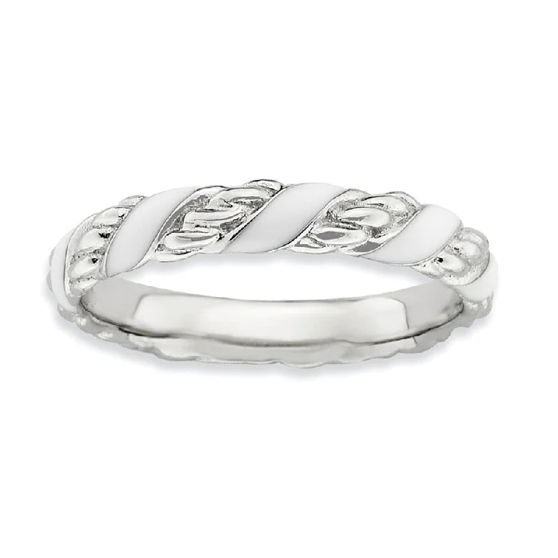 3.25mm Silver Twisted White Enameled Stackable Band