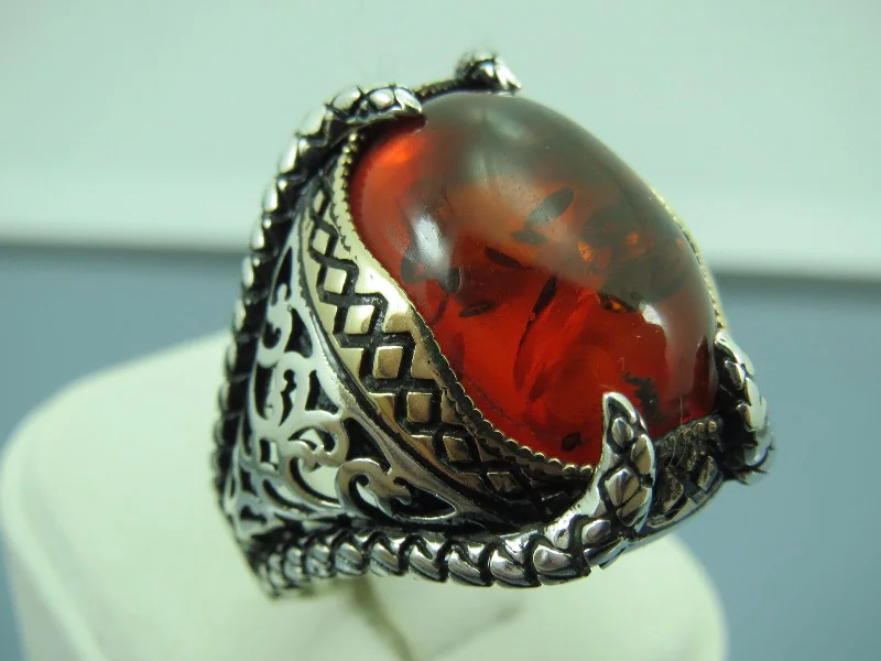 Turkish Handmade Jewelry 925 Sterling Silver Amber Stone Claw Design Mens Rings