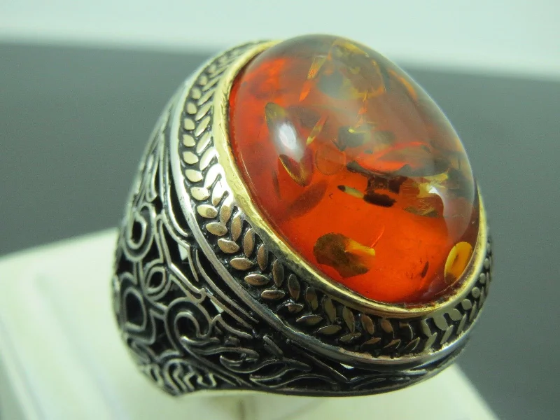 Turkish Handmade Jewelry 925 Sterling Silver Amber Stone Mens Rings