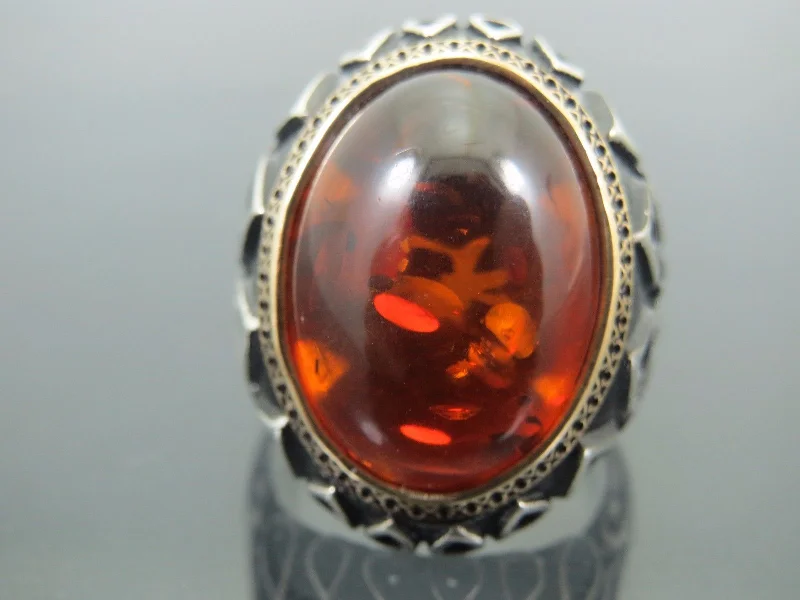 Turkish Handmade Jewelry 925 Sterling Silver Amber Stone Mens Rings