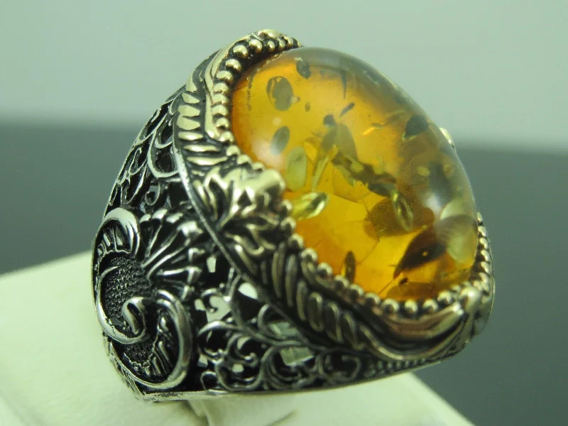 Turkish Handmade Jewelry 925 Sterling Silver Amber Stone Mens Rings