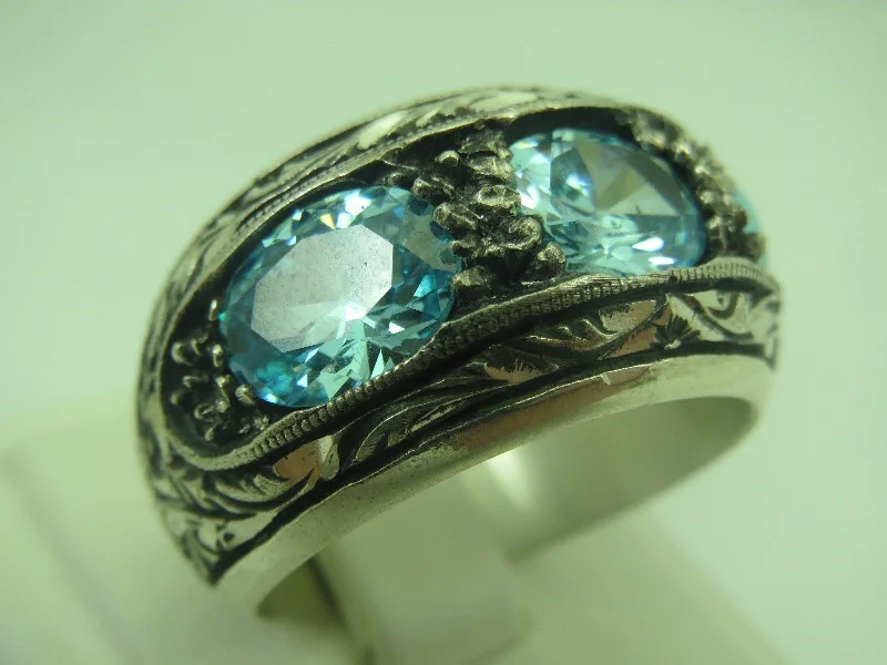 Turkish Handmade Jewelry 925 Sterling Silver Aquamarine Stone Mens Rings