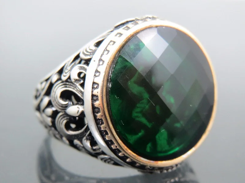 Turkish Handmade Jewelry 925 Sterling Silver Emerald Stone Mens Rings