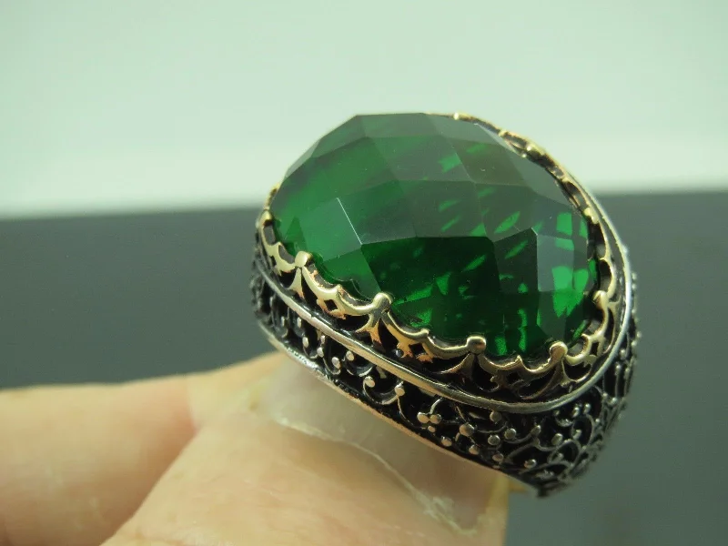 Turkish Handmade Jewelry 925 Sterling Silver Emerald Stone Mens Rings