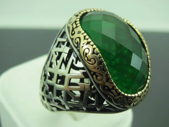 Turkish Handmade Jewelry 925 Sterling Silver Emerald Stone Mens Rings