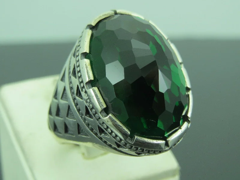 Turkish Handmade Jewelry 925 Sterling Silver Emerald Stone Mens Rings