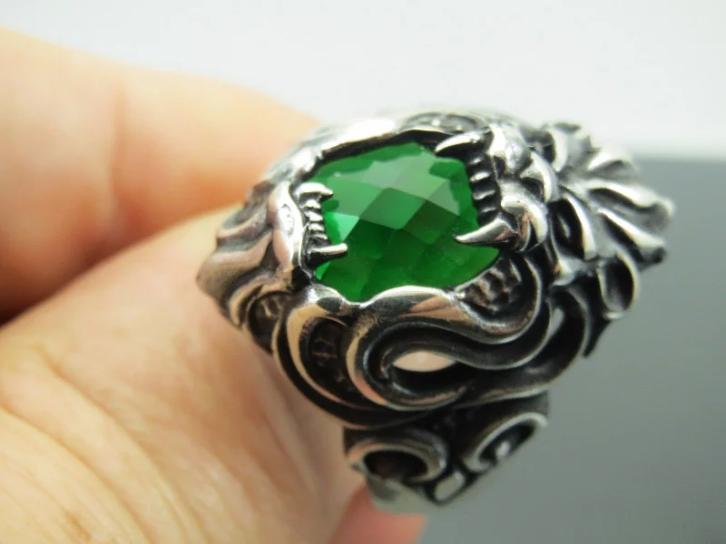 Turkish Handmade Jewelry 925 Sterling Silver Emerald Stone Lion Design Mens Rings