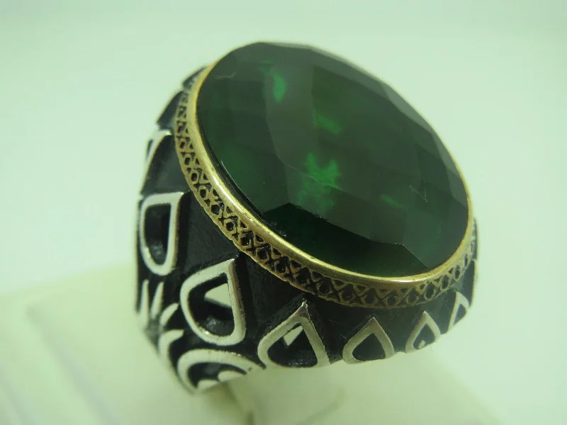 Turkish Handmade Jewelry 925 Sterling Silver Emerald Stone Mens Rings