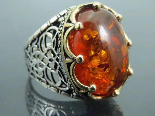 Turkish Handmade Jewelry 925 Sterling Silver Amber Stone Mens Rings