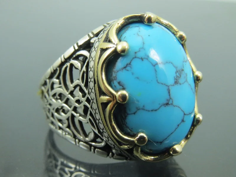 Turkish Handmade Jewelry 925 Sterling Silver Turquoise Stone Mens Rings