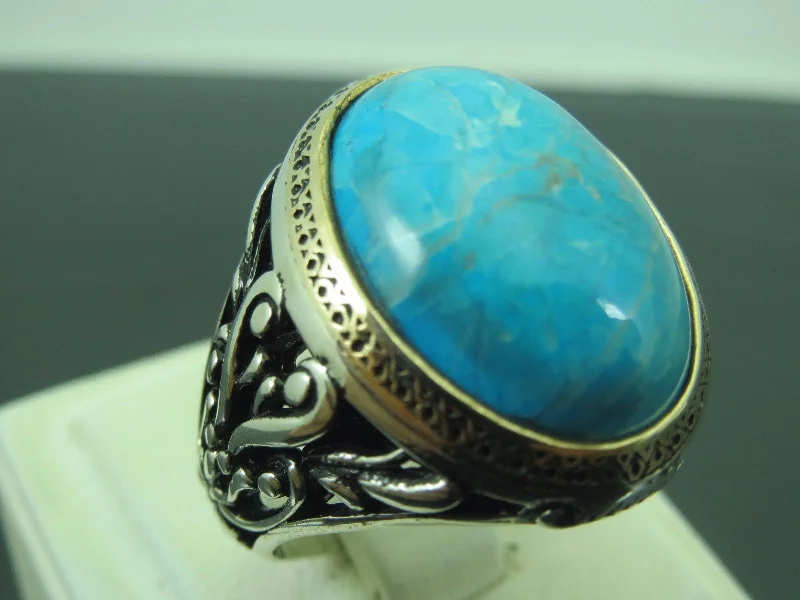 Turkish Handmade Jewelry 925 Sterling Silver Turquoise Stone Mens Rings