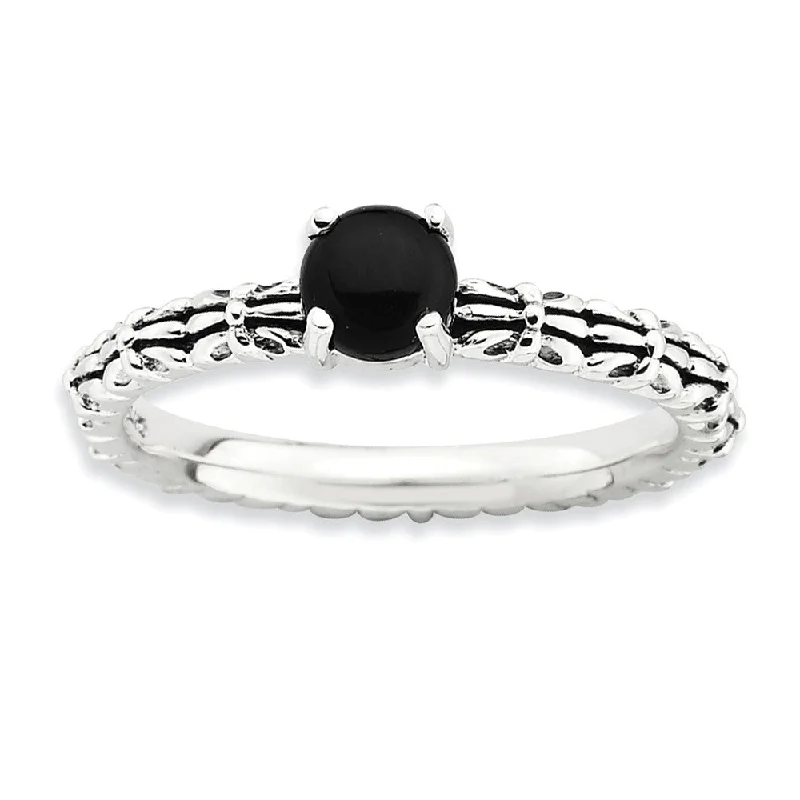 Antiqued SS Stackable Black Agate Ring