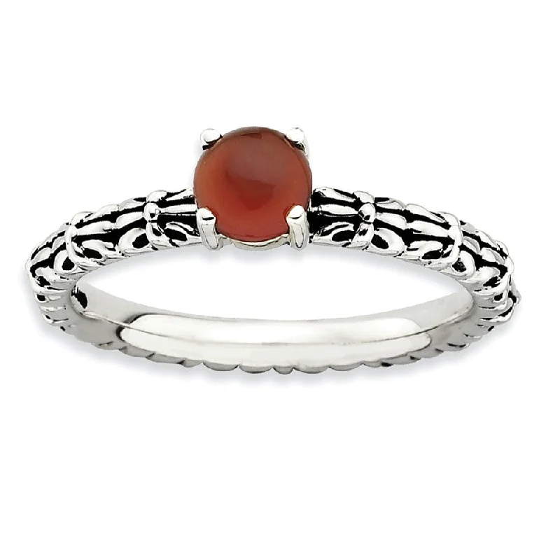 Personalized Engraved Jewelry For Meaningful Gifts Antiqued SS Stackable Red Agate Ring