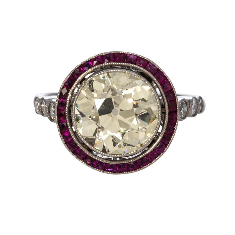 Art Deco 3.20ct Old European Cut Diamond & Ruby Platinum Ring