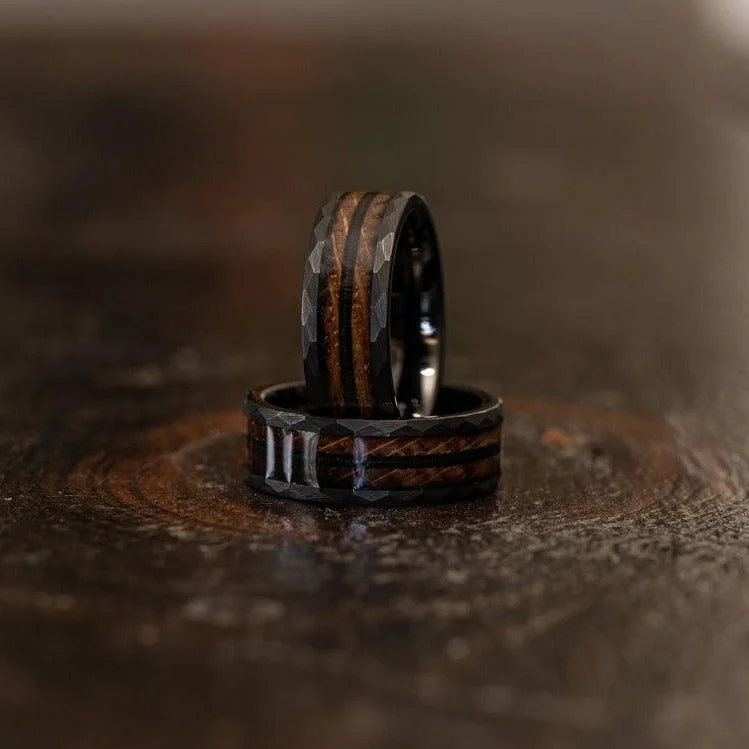 Fashion-Forward Geometric Jewelry For Contemporary Style "Zeus" Hammered Ring- Black with Charred Whiskey Barrel and Guitar String