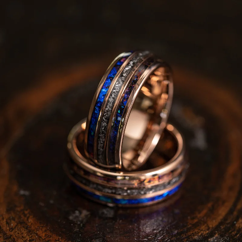 Elegant Jewelry Styles At Budget-Friendly Prices "Dionysus" Domed Nebula Ring- Meteorite and Opal- Rose Gold Tungsten 6mm/8mm