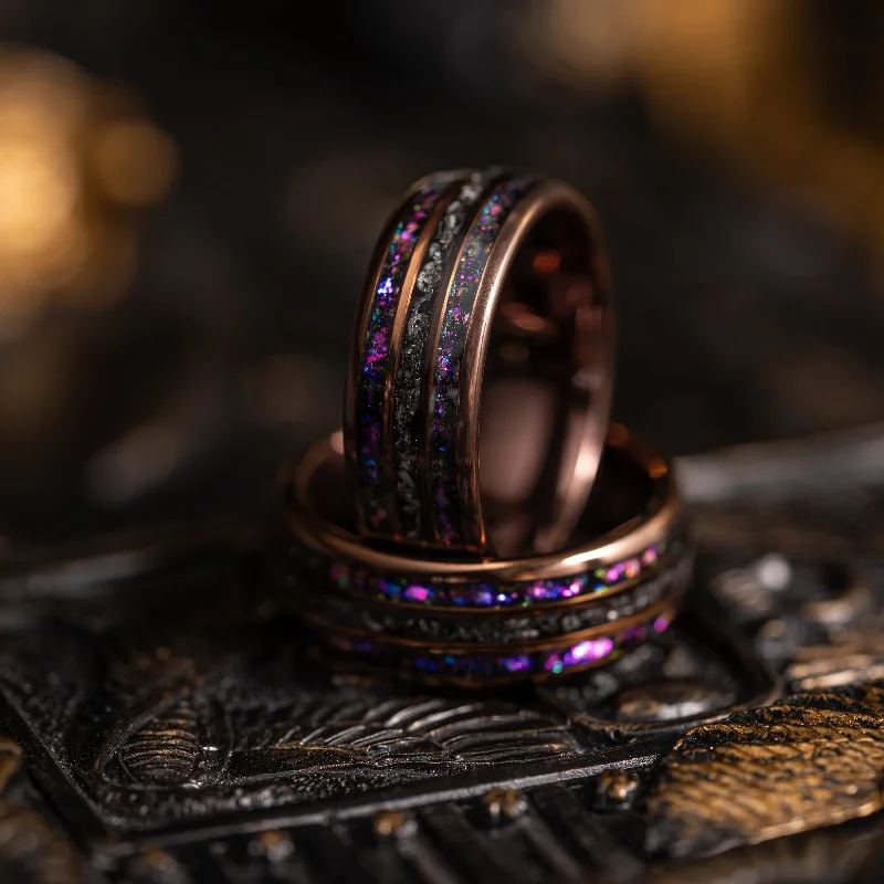 "Dionysus" Domed Nebula Ring- Meteorite and Opal- Smoked Rose Gold 8mm