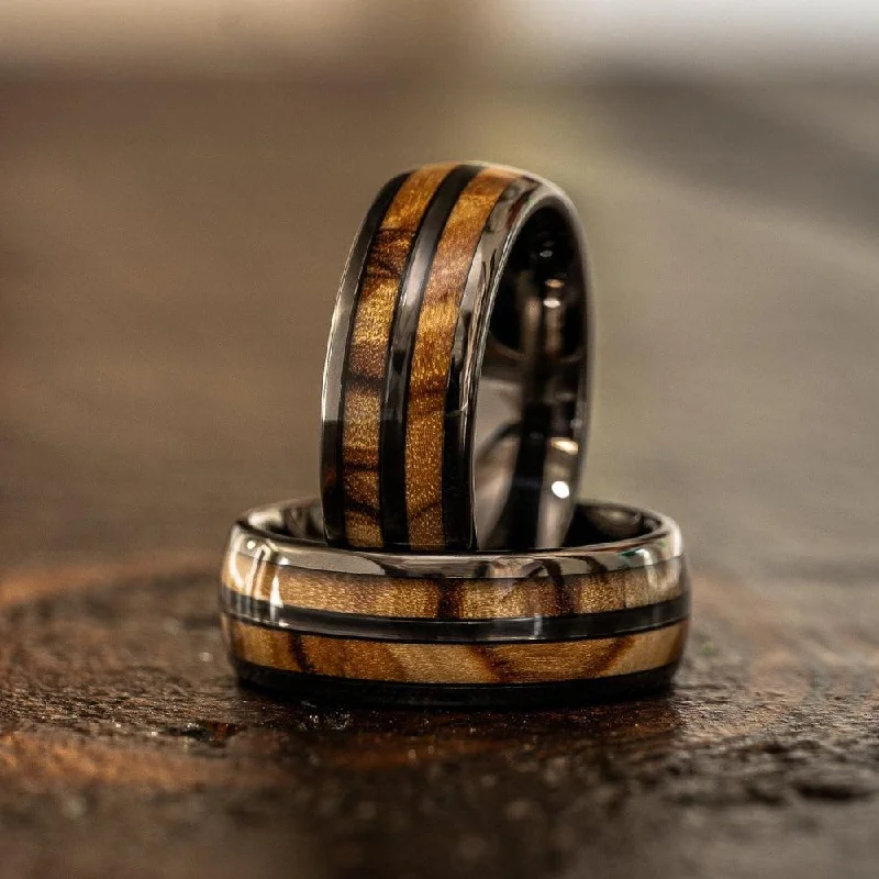 "Dionysus"  Olive Wood Double Barrel Gunmetal Tungsten Ring