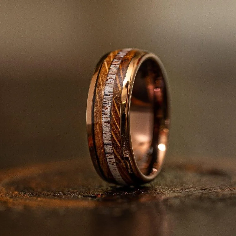 "Dionysus"  Whisky Barrel Wood x Antler Ring- Rose Gold Tungsten