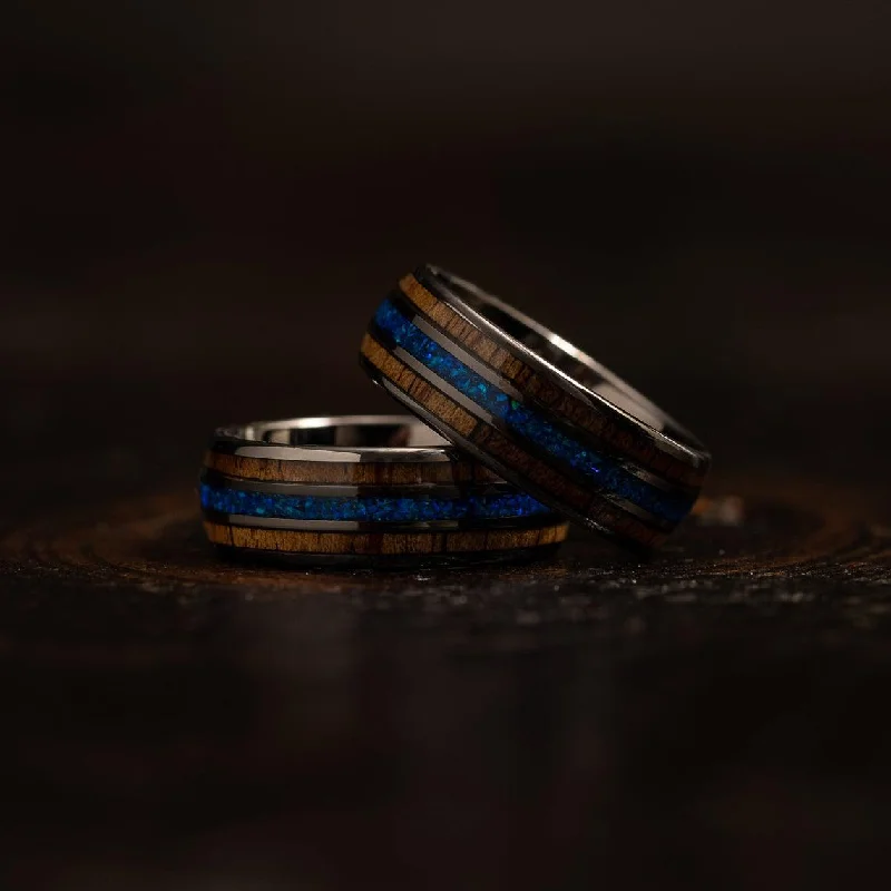 "Dionysus"  Whisky Barrel x Blue Opal Gunmetal Tungsten Ring