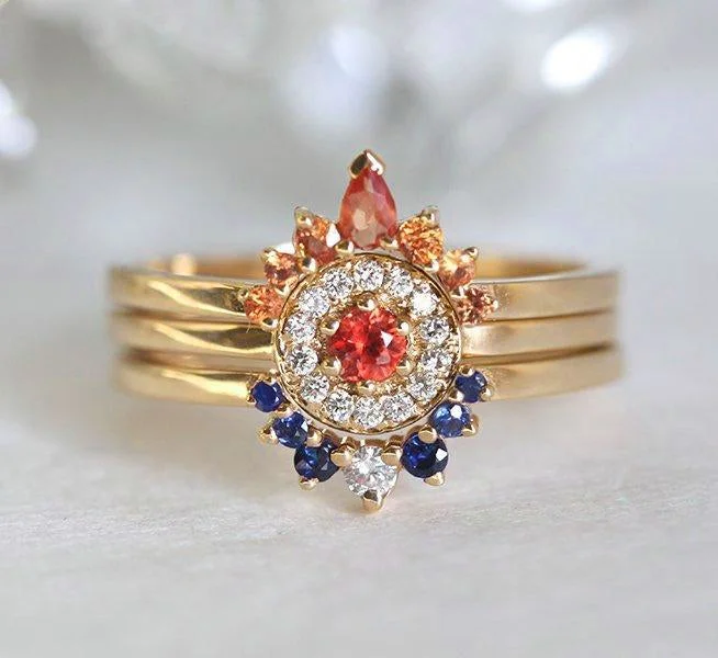 Halo Diamond Sapphire Ring Set, Sunset Ring Set