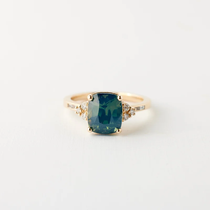 Marigold ring - 3.47 Carat Teal Opalescent Cushion Sapphire