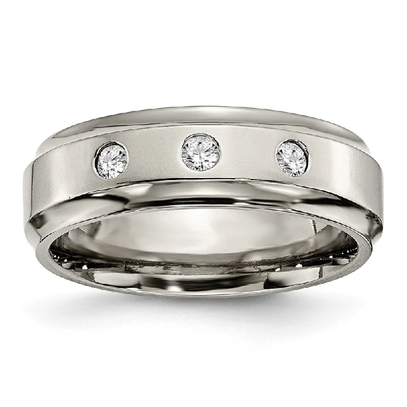 Exclusive Jewelry Markdowns – Limited-Time Offer Mens 7mm Titanium 1/5ctw Diamond 3 Stone Ridged Edge Standard Fit Band