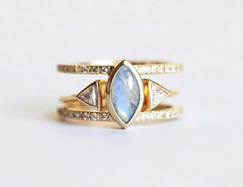 Olga Rainbow Moonstone & Diamond Wedding Ring Set With Triangle Open Band