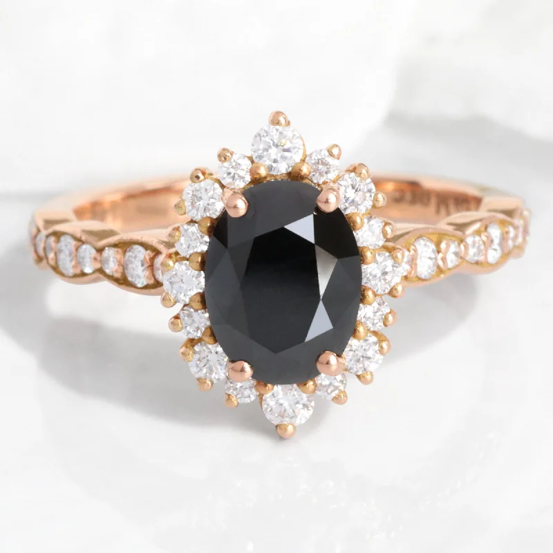 The Ultimate Jewelry Sale – Exclusive Styles At Great Prices Oval Black Diamond Engagement Ring in Tiara Halo Diamond Scalloped Band