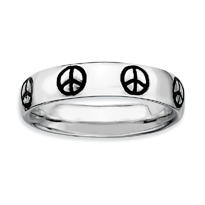 Rhodium Plate Sterling Silver & Black Enamel Stackable Peace Sign Band